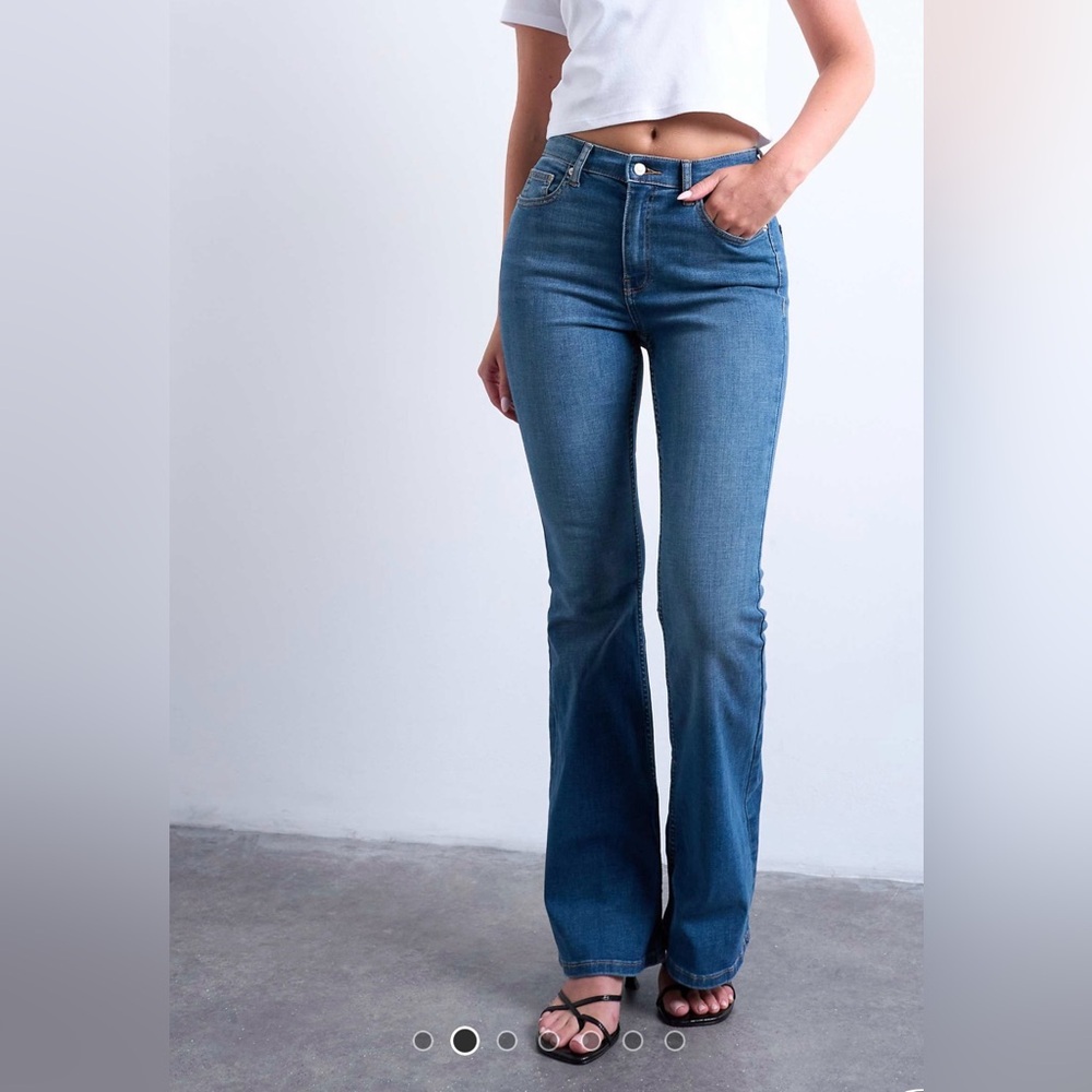 Topshop Hourglass Jamie Flare high rise jeans in mid blue